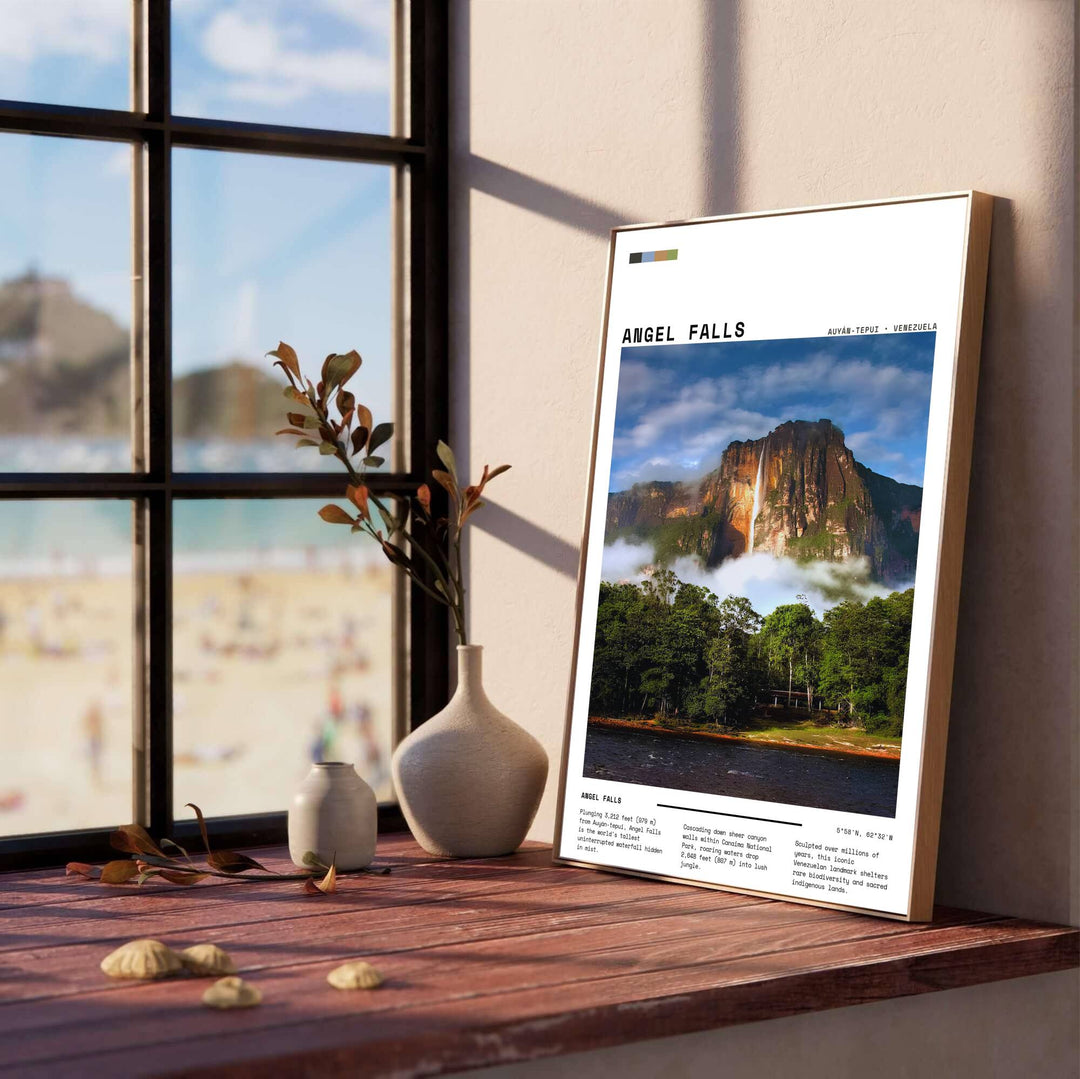 Modern documentary South American landscape poster depicting Auyán-tepui and roaring waters in Canaima National Park. Created by MapYourDreams, this artwork is adaptable for any interior in unframed prints, solid wooden frames, or gallery canvas wraps.