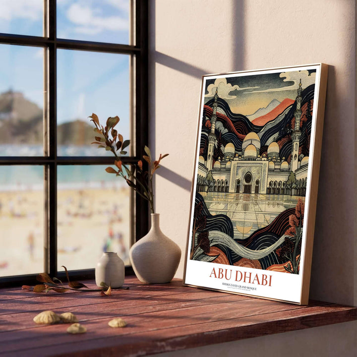 Artistic travel poster of Abu Dhabi Grand Mosque rendered in traditional woodblock line art and warm ochre tones. Produced by MapYourDreams, this artwork is available in flexible options including unframed paper, custom wooden frames, and gallery canvas wraps for office wall decor.