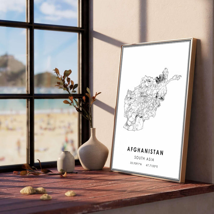 Minimalist transport network wall art of Afghanistan displaying detailed highway lines within the national outline, available at MapYourDreams as an unframed poster, gallery stretched canvas print, or custom framed wall art in natural wood and retro black moulding for entryways.