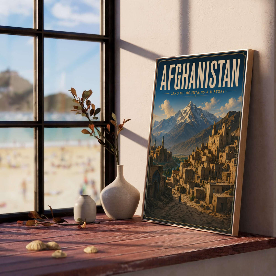 Vintage landscape art print showing traditional mud brick buildings and minarets in Afghanistan with snow capped alpine peaks, offered by MapYourDreams as an unframed fine art poster, stretched canvas print wall art, or custom framed print in retro black and natural frames.