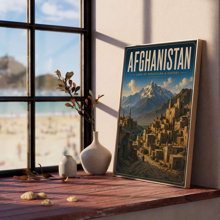 Vintage landscape art print showing traditional mud brick buildings and minarets in Afghanistan with snow capped alpine peaks, offered by MapYourDreams as an unframed fine art poster, stretched canvas print wall art, or custom framed print in retro black and natural frames.