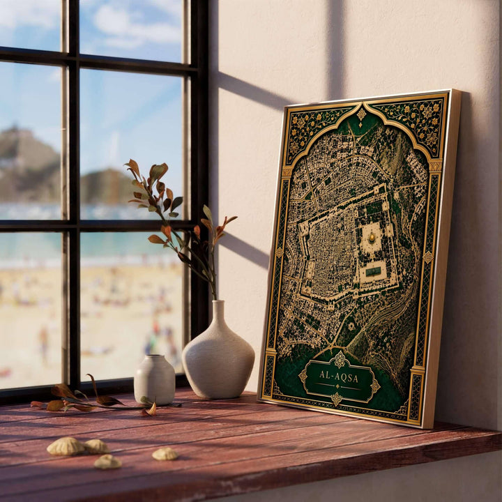 Topographical satellite map print of Jerusalem Old City highlighting Al Aqsa Mosque and Dome of the Rock. Designed by MapYourDreams, this artwork is available in flexible options including unframed paper, custom wooden frames, and gallery canvas wraps for home wall art.