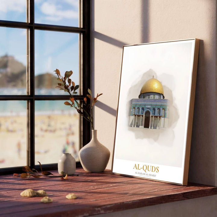 Watercolor travel poster of Al-Haram Al-Sharif Dome of the Rock in Jerusalem Palestine with gold typography. Presented by MapYourDreams, this artwork is available in flexible options including unframed paper, custom wooden frames, and gallery canvas wraps for living room art.