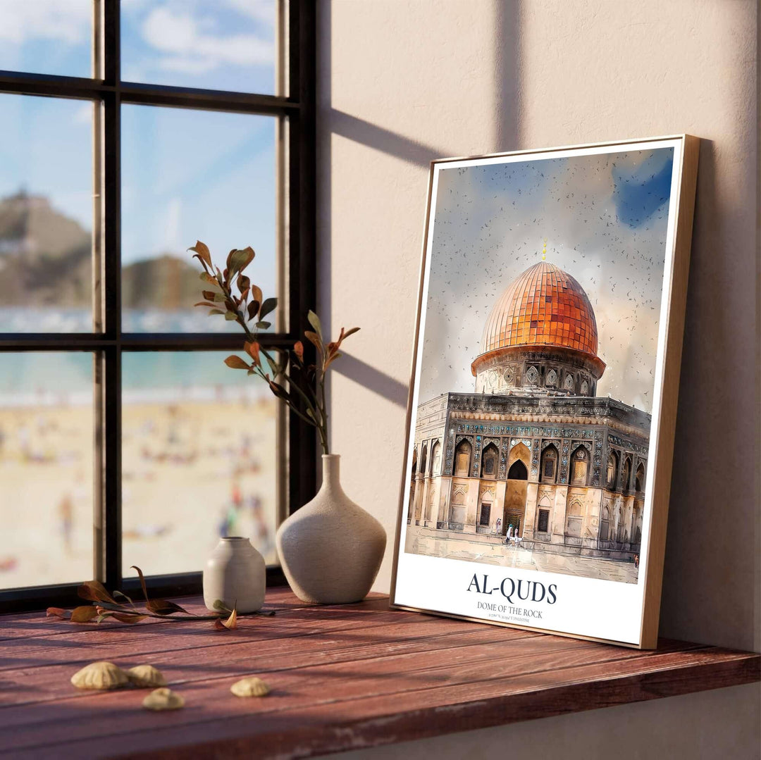 Watercolor architectural print of Jerusalem Al Aqsa sanctuary highlighting the glowing golden dome and octagonal facade. Produced by MapYourDreams, this artwork is available in flexible options including unframed paper, custom wooden frames, and gallery canvas wraps for office wall decor.