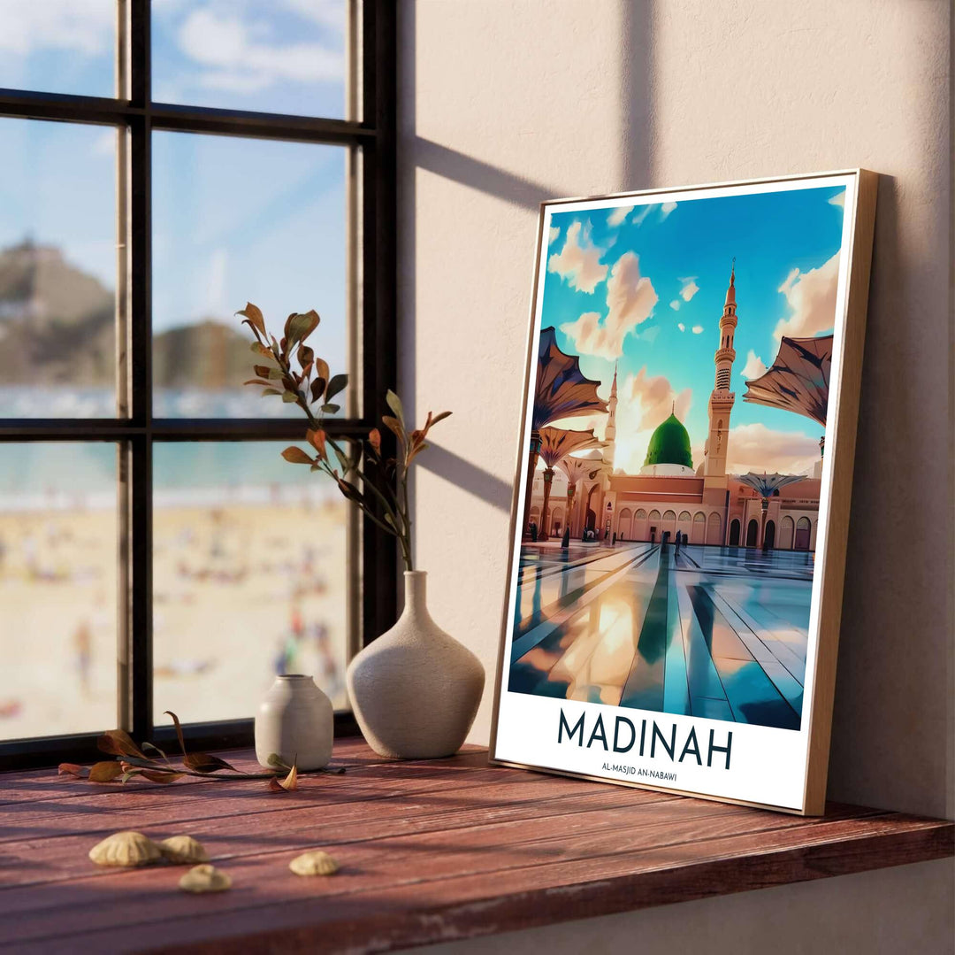 Sunset architectural print of Al Masjid An Nabawi in Madinah highlighting iconic giant umbrella structures. Produced by MapYourDreams, this artwork is available in flexible options including unframed paper, custom wooden frames, and gallery canvas wraps for office wall decor.