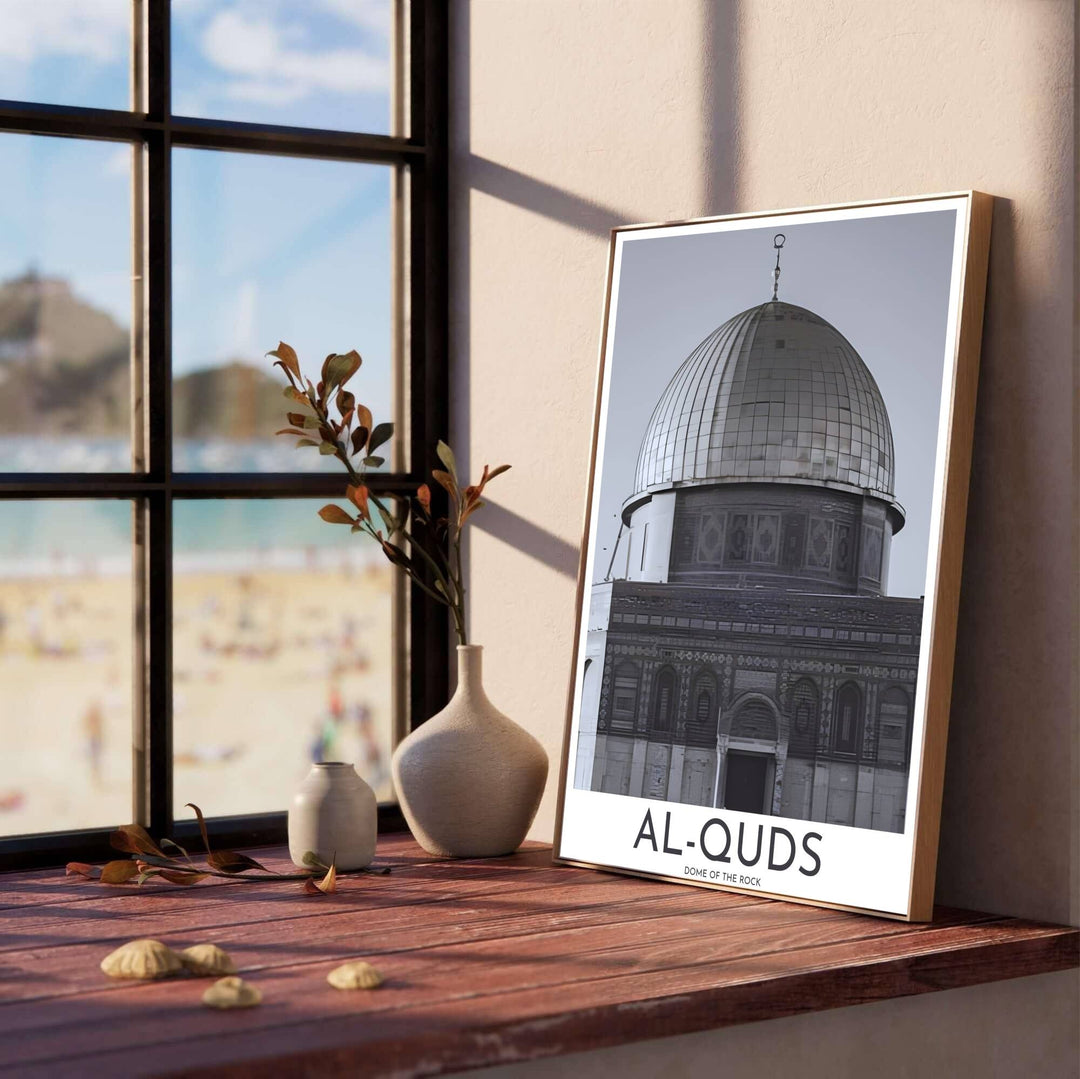 Grayscale travel poster of Al-Haram Al-Sharif Dome of the Rock in Jerusalem Palestine with clean Al-Quds typography. Presented by MapYourDreams, this artwork is available in flexible options including unframed paper, custom wooden frames, and gallery canvas wraps for living room art.