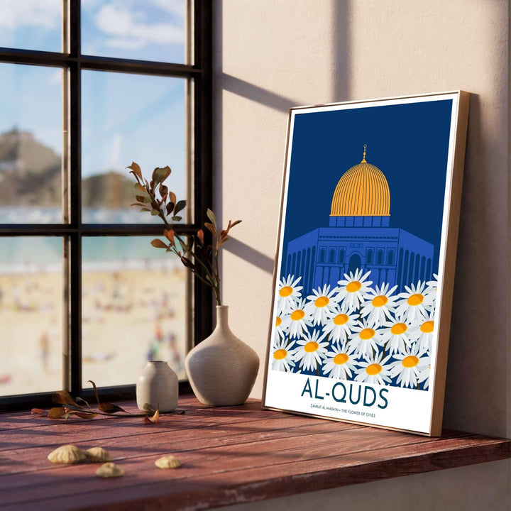 Bold blue and gold vector poster of Jerusalem Al Quds sanctuary titled Zahrat Al-Mada&