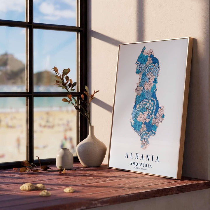 Capturing Albania’s Balkan border outline in intricate navy, teal, and soft peach floral illustrations, this fine art poster brings bohemian charm to walls. Offered by MapYourDreams, this artwork is available in flexible options including unframed paper, custom wooden frames, and gallery canvas wraps.