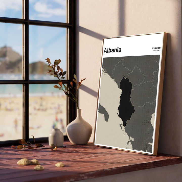 Capturing Albania’s Balkan border outline in solid black against cross-hatched grey neighbors, this fine art poster brings architectural charm to office walls. Offered by MapYourDreams, this artwork is available in flexible options including unframed paper, custom wooden frames, and gallery canvas wraps.