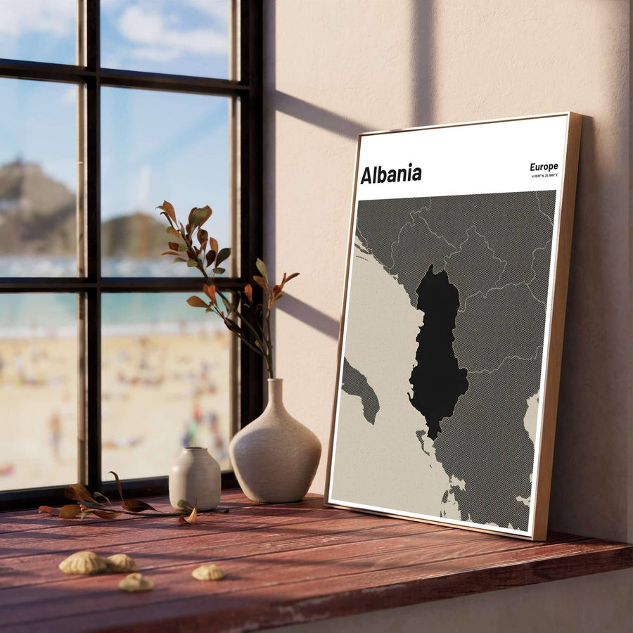 Capturing Albania’s Balkan border outline in solid black against cross-hatched grey neighbors, this fine art poster brings architectural charm to office walls. Offered by MapYourDreams, this artwork is available in flexible options including unframed paper, custom wooden frames, and gallery canvas wraps.
