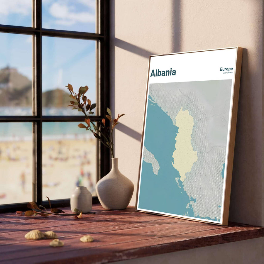 Capturing Albania’s Balkan border outline in soft cream against cross-hatched grey neighbors and teal waters, this fine art poster brings serene charm to walls. Offered by MapYourDreams, this artwork is available in flexible options including unframed paper, custom wooden frames, and gallery canvas wraps.