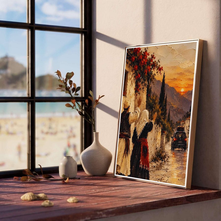 Capturing the emotional moment of family farewell on a cobblestone village street under a glowing orange sunset, this fine art painting poster brings warm charm to walls. Offered by MapYourDreams, this artwork is available in flexible options including unframed paper, custom wooden frames, and gallery canvas wraps.