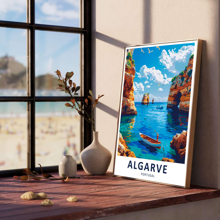 High-contrast coastal cliff views and crystal-clear swimming coves star in this classic Portugal travel poster by MapYourDreams featuring the Algarve region. Available as an unframed art print, framed display, or canvas.