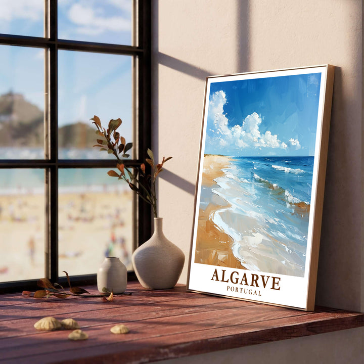 Deep sapphire ocean brushstrokes contrast with golden dunes along Algarve Beach, Portugal in this print. Select durable framed, unframed, and canvas poster options at MapYourDreams for complete home decor setups.