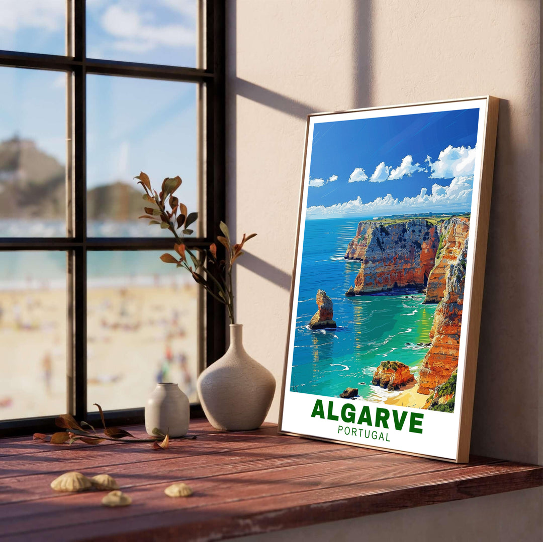 Sunlit orange sea bluffs contrast with clear cerulean skies along Algarve Cliffs, Portugal in this print. Select durable framed, unframed, and canvas poster options at MapYourDreams for complete home decor setups.