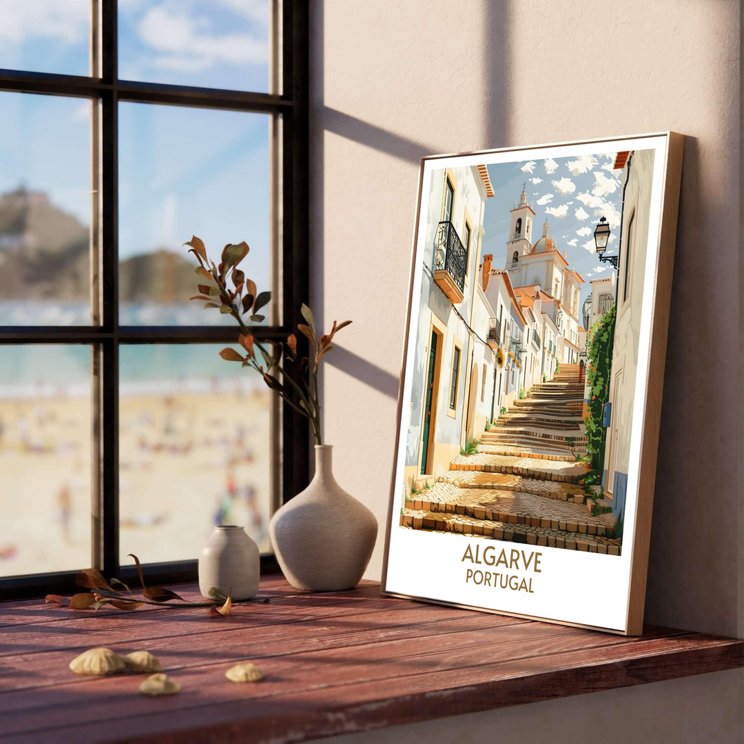 Puffy white clouds drift over the bell tower and dome at Faro Old Town, Portugal in this streetscape print. Select durable framed, unframed, and canvas poster options at MapYourDreams for complete home decor setups.