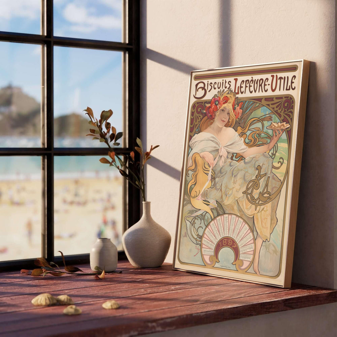Serene Art Nouveau print Biscuits Lefevre Utile by artist Alphonse Mucha from 1896 French series at Nantes France for kitchen wall decor. Select framed, unframed poster, or gallery canvas choices at MapYourDreams.