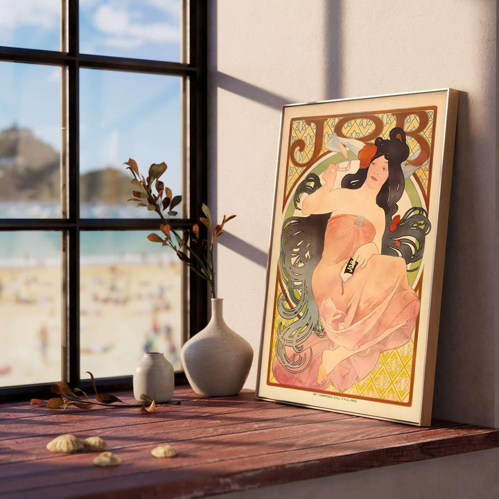 Serene Art Nouveau print JOB Cigarette Papers by artist Alphonse Mucha from 1898 French advertising series at Boulevard Saint-Michel Paris for living room wall decor. Select framed, unframed poster, or gallery canvas choices at MapYourDreams.