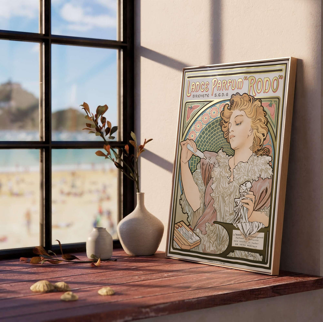 Classic Belle Époque portrait print Lance Parfum Rodo by artist Alphonse Mucha depicting a floral archway backdrop set in Paris France. MapYourDreams provides custom fine art framed, unframed, and canvas print formats.