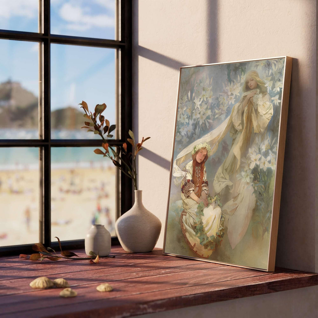 Serene Art Nouveau print Madonna Of The Lilies by artist Alphonse Mucha from 1905 spiritual fine art series in Prague Bohemia for bedroom wall decor. Select framed, unframed poster, or gallery canvas choices at MapYourDreams.