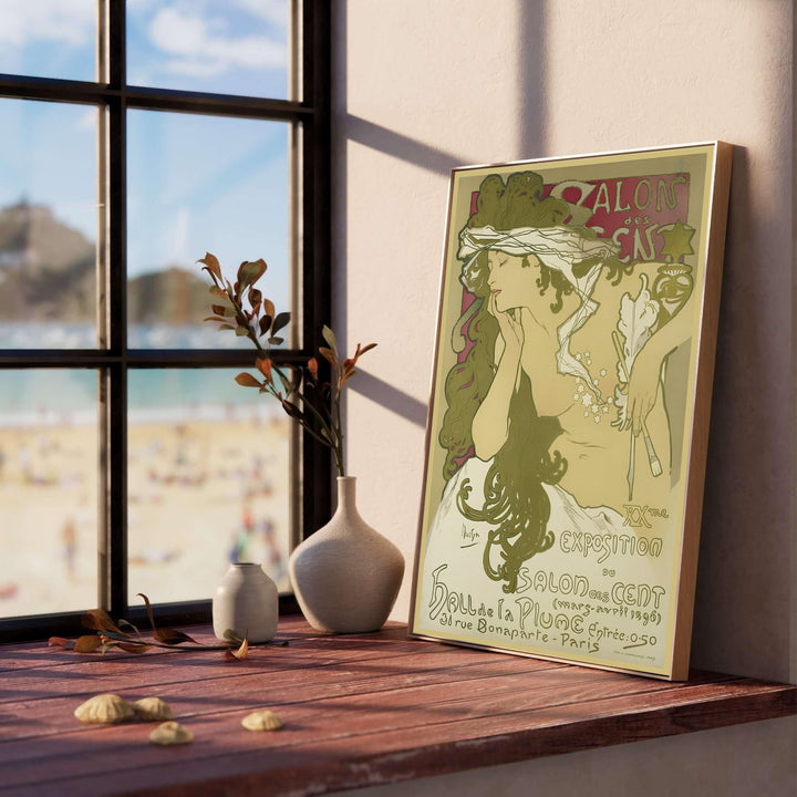 Historic French graphic poster Salon Des Cent by artist Alphonse Mucha from 1896 La Plume exhibition series at 31 Rue Bonaparte Paris. Select framed, unframed poster, or gallery canvas choices at MapYourDreams.
