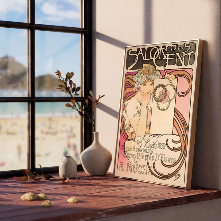 Historic French graphic poster Salon Des Cent by artist Alphonse Mucha from 1897 La Plume exhibition series at 31 Rue Bonaparte Paris. Select framed, unframed poster, or gallery canvas choices at MapYourDreams.