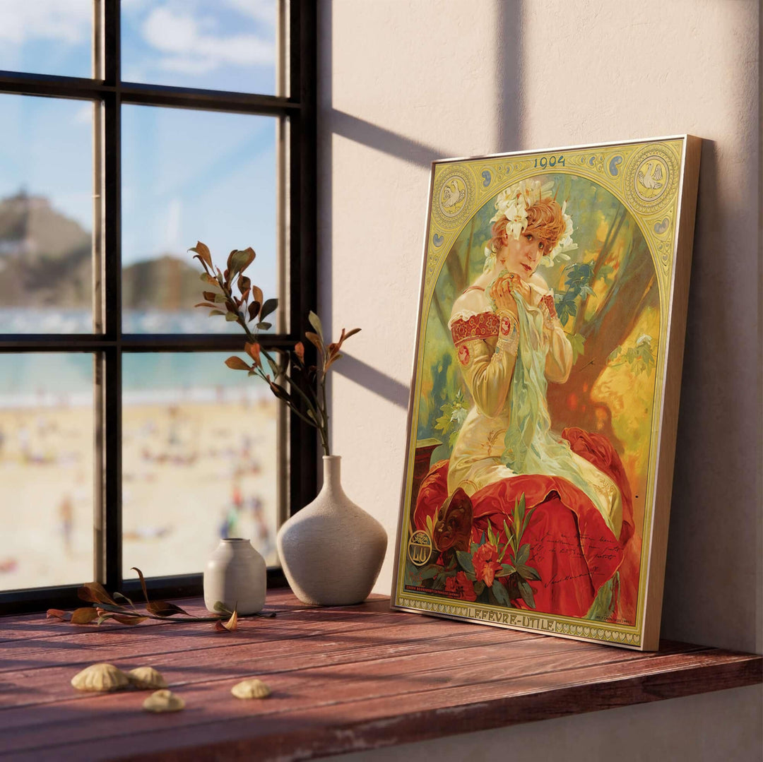 Vintage Paris France advertisement print of Sarah Bernhardt by Alphonse Mucha for Lefevre Utile biscuits, available as a high-resolution unframed poster, gallery canvas wrap, or custom framed decor at MapYourDreams.