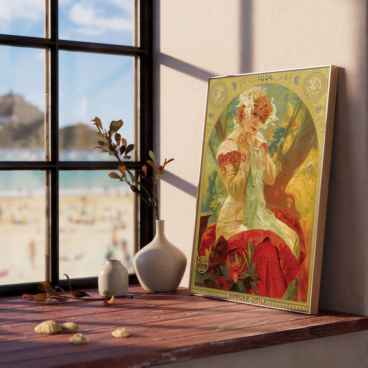 Vintage Paris France advertisement print of Sarah Bernhardt by Alphonse Mucha for Lefevre Utile biscuits, available as a high-resolution unframed poster, gallery canvas wrap, or custom framed decor at MapYourDreams.