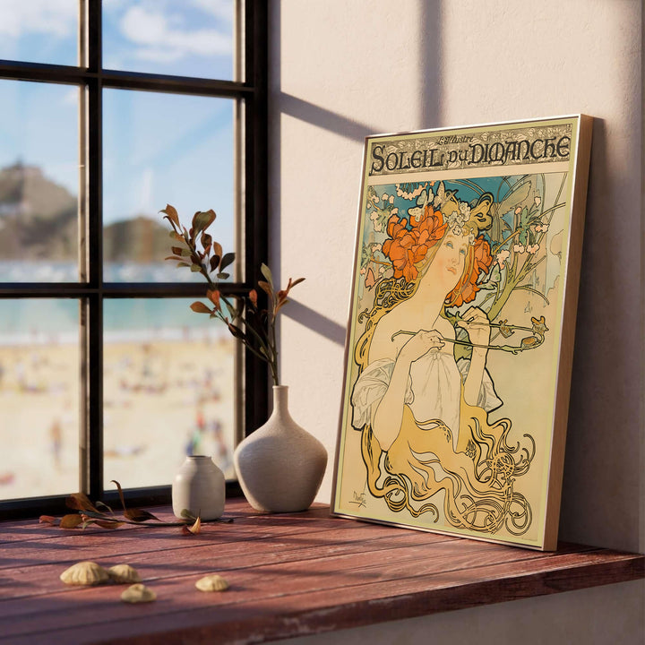 Classic Belle Époque portrait print Soleil Du Dimanche by artist Alphonse Mucha depicting an intricate floral headpiece set in Paris. MapYourDreams provides custom fine art framed, unframed, and canvas print formats.