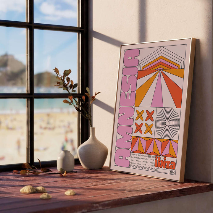 Abstract electronic music venue print featuring warm terracotta orange and pink geometric patterns celebrating Amnesia Ibiza, provided by MapYourDreams with choices spanning unframed art prints, stretched canvas decor, and custom frame choices in black, white, and natural wood finishes.