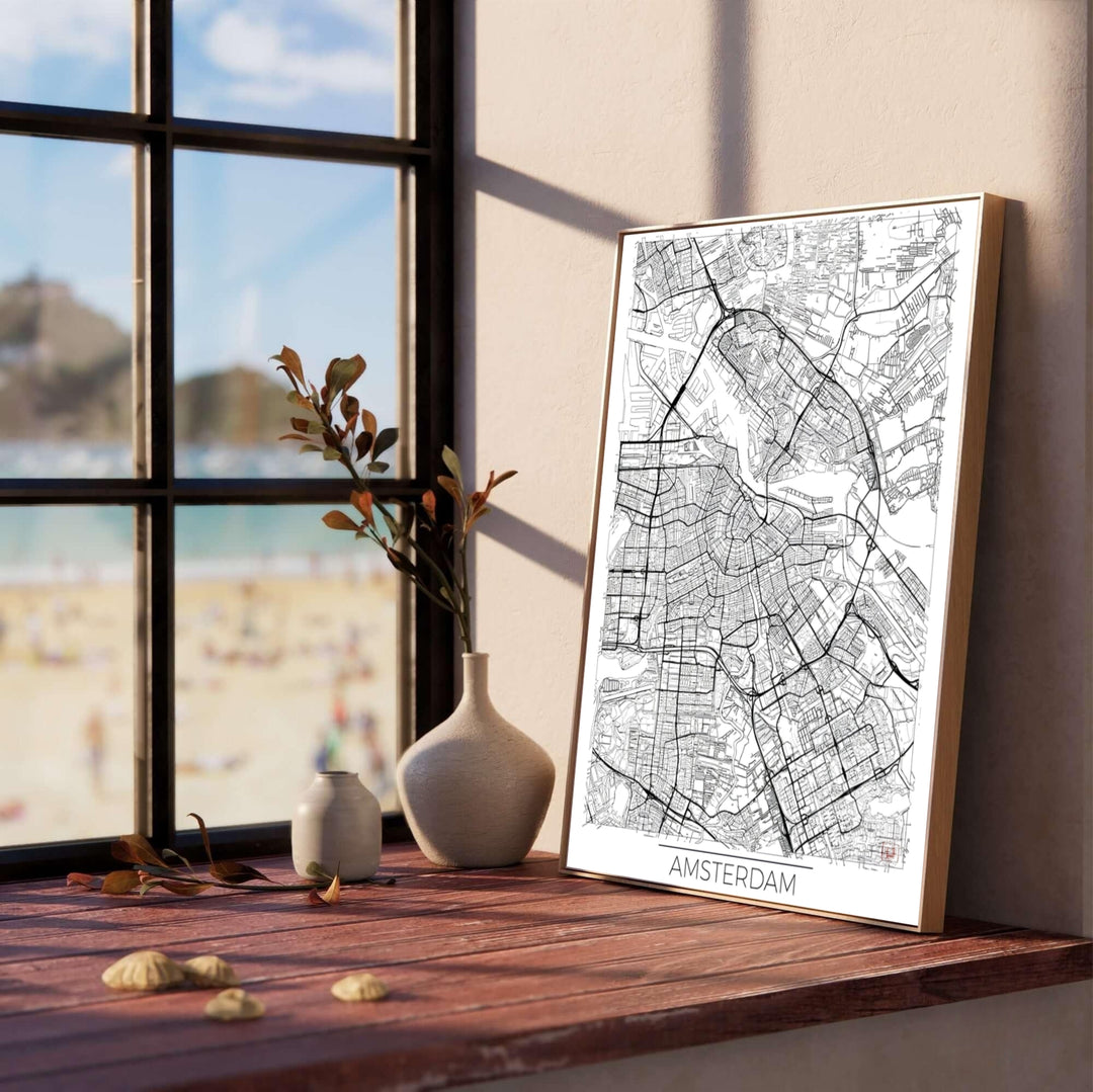 Contemporary European city map print showcasing the detailed road network and canal contours of Amsterdam, offered by MapYourDreams as a standalone unframed art print, a ready-to-hang gallery canvas, or a custom framed wall display tailored for minimalist and Scandinavian home decor.