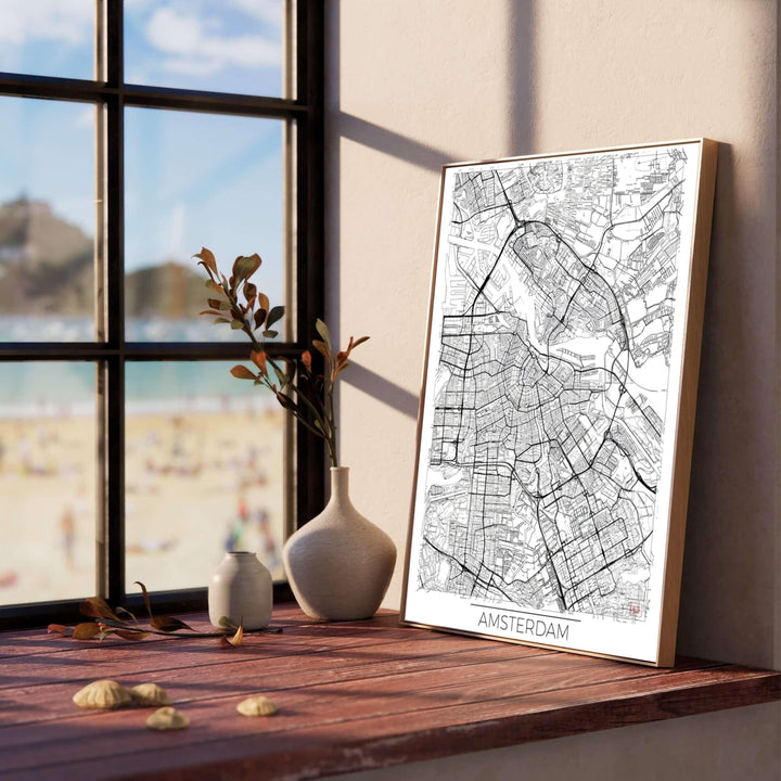 Contemporary European city map print showcasing the detailed road network and canal contours of Amsterdam, offered by MapYourDreams as a standalone unframed art print, a ready-to-hang gallery canvas, or a custom framed wall display tailored for minimalist and Scandinavian home decor.