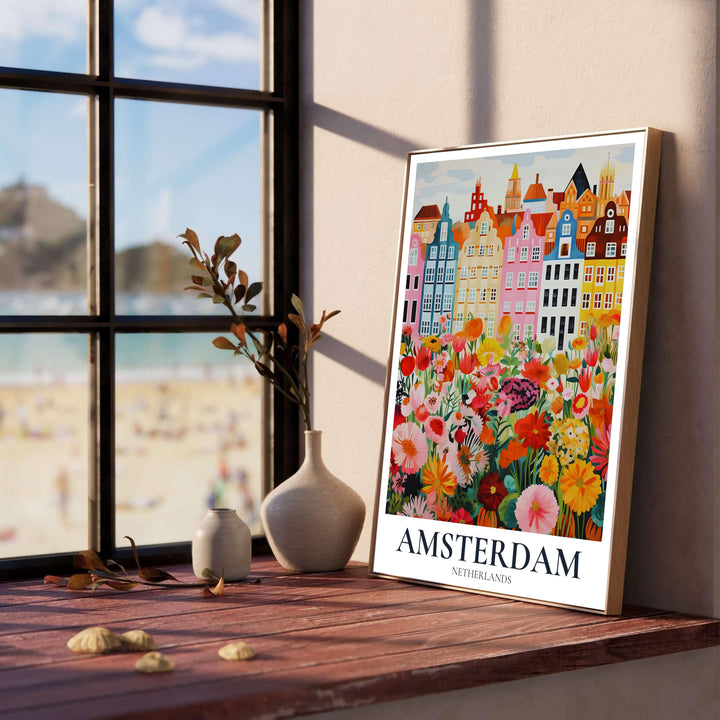Pastel European travel poster illustrating iconic canal houses and a field of tulips and poppies in Amsterdam, available from MapYourDreams where customers can select between premium unframed paper posters, gallery wrapped canvas, or custom framed options for welcoming entryways.