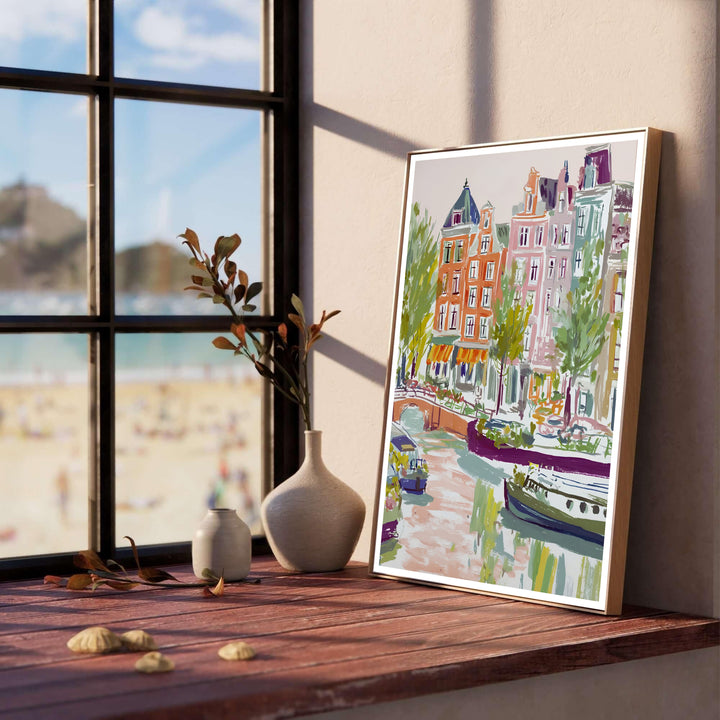Gouache illustration poster depicting historic canal houses and reflections on the water in Amsterdam Netherlands, provided by MapYourDreams in flexible choices including unframed fine art paper, stretched canvas, or custom frames in black, white, wood, pure gold, and silver.