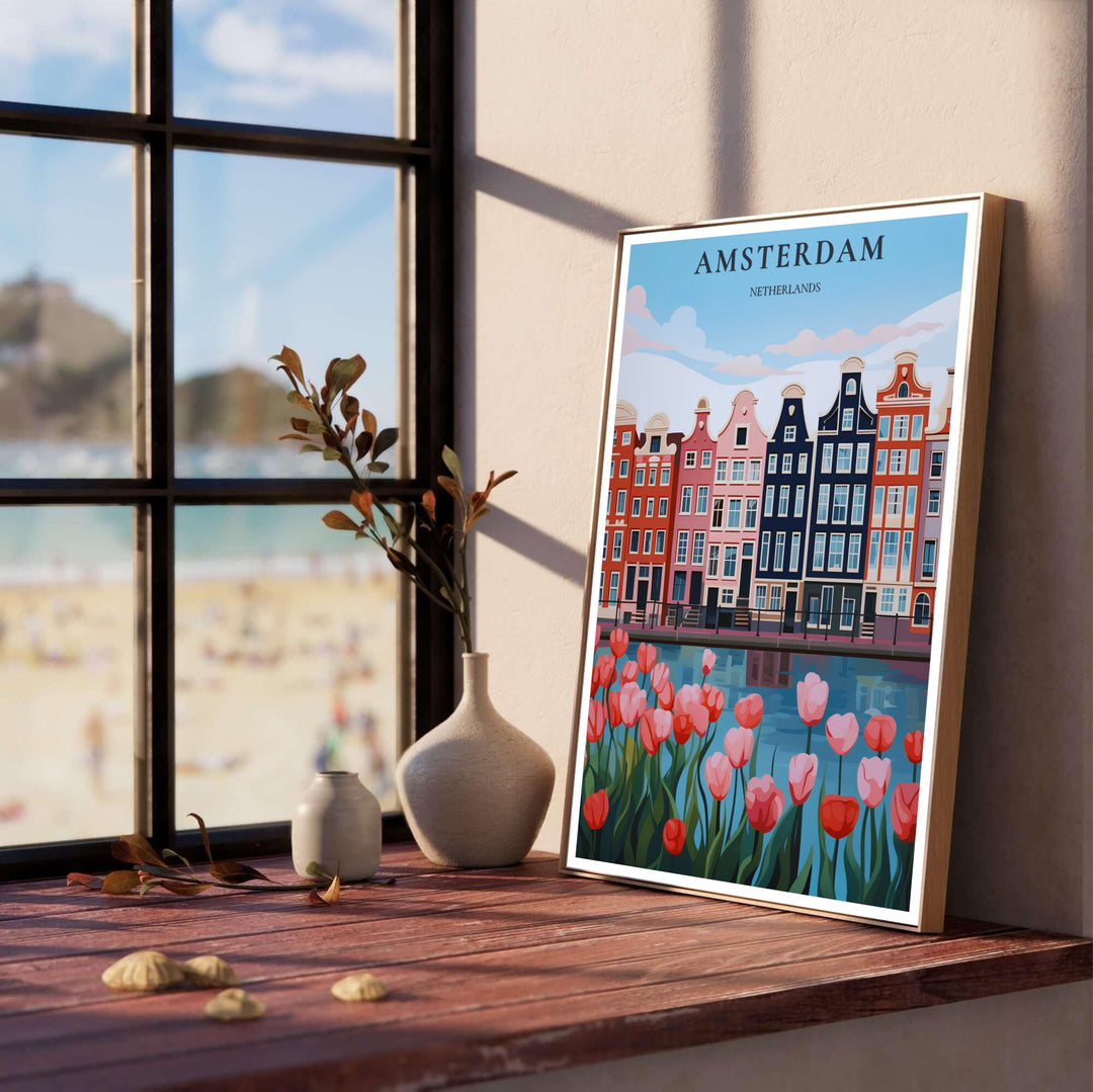 Contemporary European travel print showcasing navy blue, pink, and terracotta canal houses in Amsterdam, offered by MapYourDreams as a standalone unframed art print, a ready-to-hang gallery canvas, or a custom framed wall display tailored for Scandinavian interior decor.
