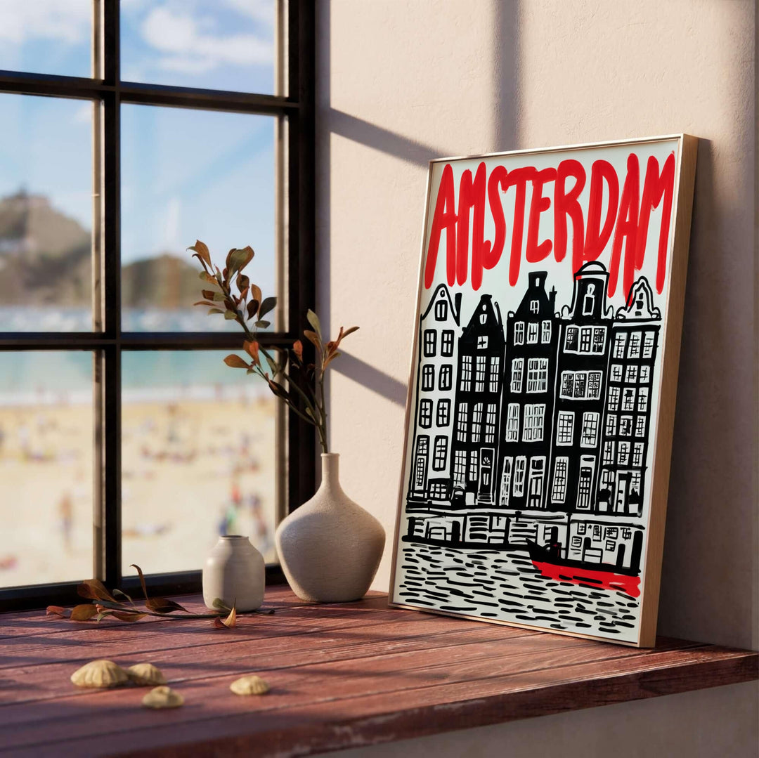 Block print illustration poster depicting traditional gabled facades and carved canal ripples in Amsterdam Netherlands, provided by MapYourDreams in flexible choices including unframed fine art paper, stretched canvas, or custom frames in black, white, wood, pure gold, and silver.
