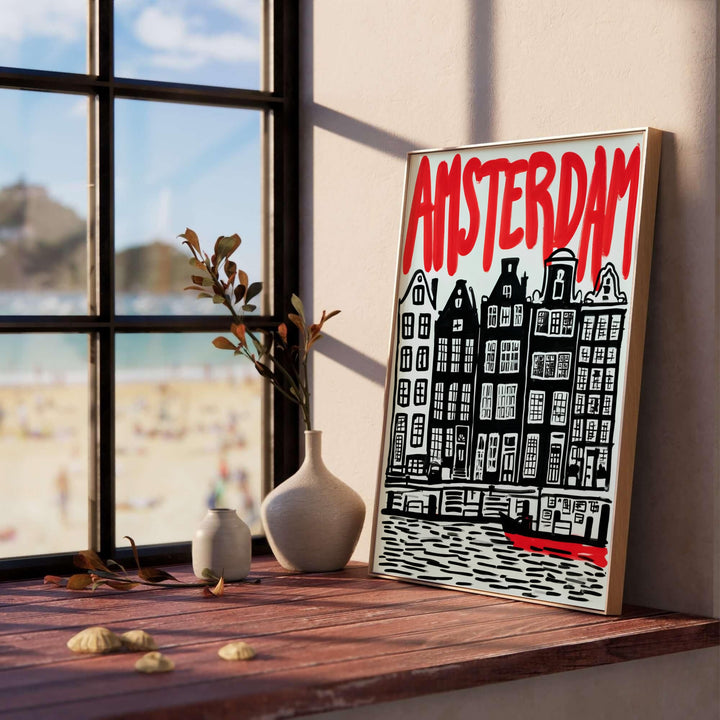 Block print illustration poster depicting traditional gabled facades and carved canal ripples in Amsterdam Netherlands, provided by MapYourDreams in flexible choices including unframed fine art paper, stretched canvas, or custom frames in black, white, wood, pure gold, and silver.
