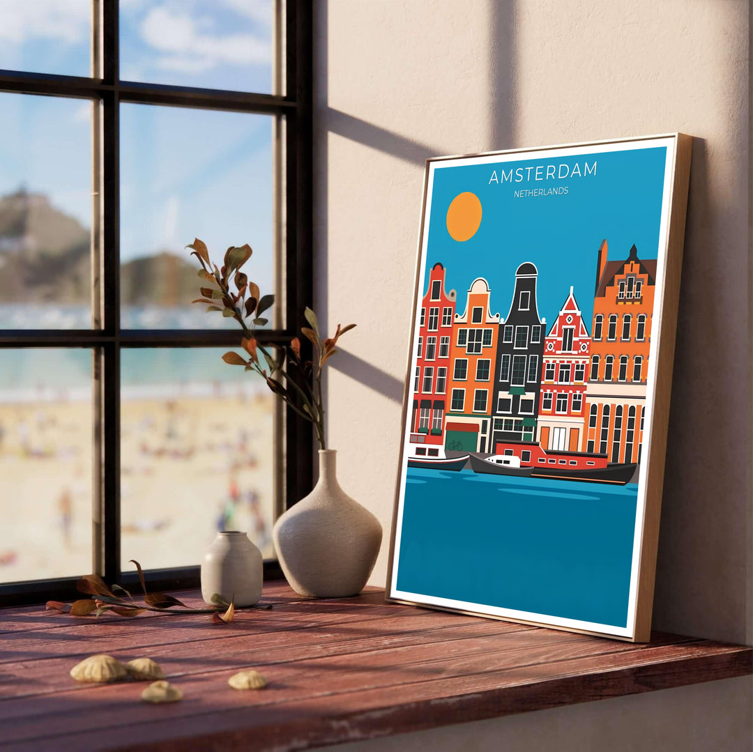 Vibrant European travel print showcasing terracotta, rust, and slate grey canal houses in Amsterdam, offered by MapYourDreams as a standalone unframed art print, a ready-to-hang gallery canvas, or a custom framed wall display tailored for modern Scandinavian apartment decor.