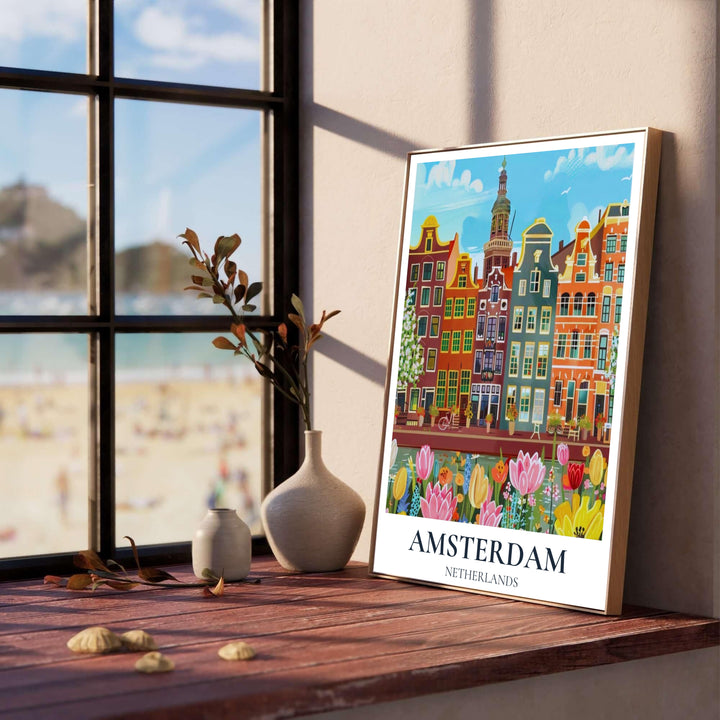 Romantic European spring decor print displaying vibrant pink tulips and historic Dutch canal architecture in Amsterdam, available at MapYourDreams as a high-quality unframed poster print, a stretched gallery canvas, or a custom framed art piece designed to bring warmth to dining rooms.