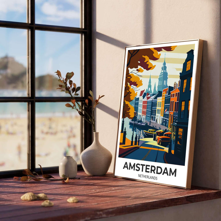 Detailed architectural print showcasing gabled canal house silhouettes and the landmark Saint Nicholas church spire in Amsterdam Netherlands, provided by MapYourDreams with format choices spanning unframed art prints, stretched canvas, and custom frame options in black, white, and natural wood.