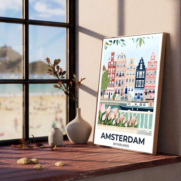 Fine art pastel cityscape print detailing historic canal facades, bridge railings, and blooming pink tulips in Amsterdam Netherlands, available from MapYourDreams with format choices including unframed paper prints, stretched gallery canvas, or a tailored custom framed wall display for entryways.