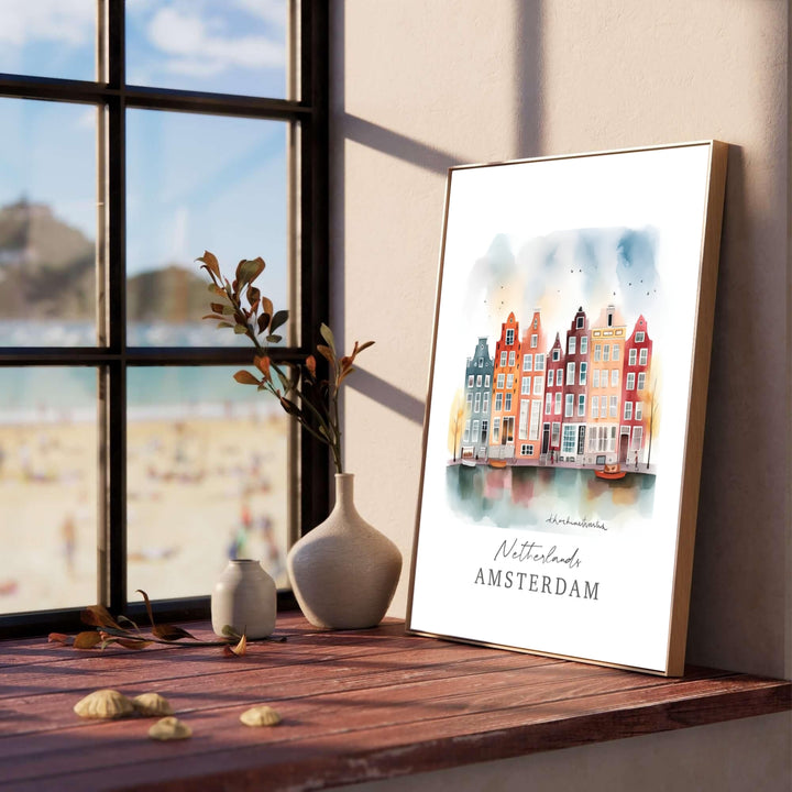 Storybook European travel print displaying delicate watercolor gabled houses and flying birds in Amsterdam, presented by MapYourDreams where options include a high-quality unframed poster, a stretched gallery canvas, or a custom framed art piece made to bring artistic warmth to entryways.