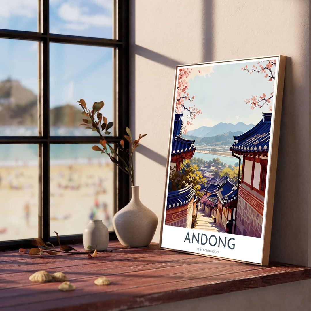 Traditional Korean heritage art poster featuring iconic Hanok buildings with cobalt blue and navy tiled roofs nestled in the river valley of Andong, South Korea. Offered by MapYourDreams, this artwork is available in flexible options including unframed paper, custom wooden frames, and gallery canvas wraps.