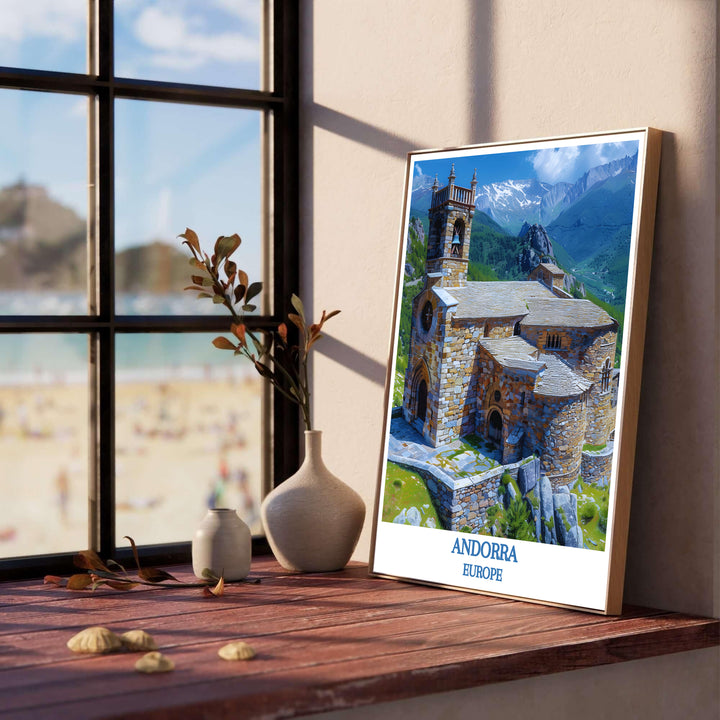 Vibrant green valley slopes frame Sant Joan de Caselles Church in Andorra beneath bright blue summer skies in this print. Select durable framed, unframed, and canvas poster options at MapYourDreams for home decor.