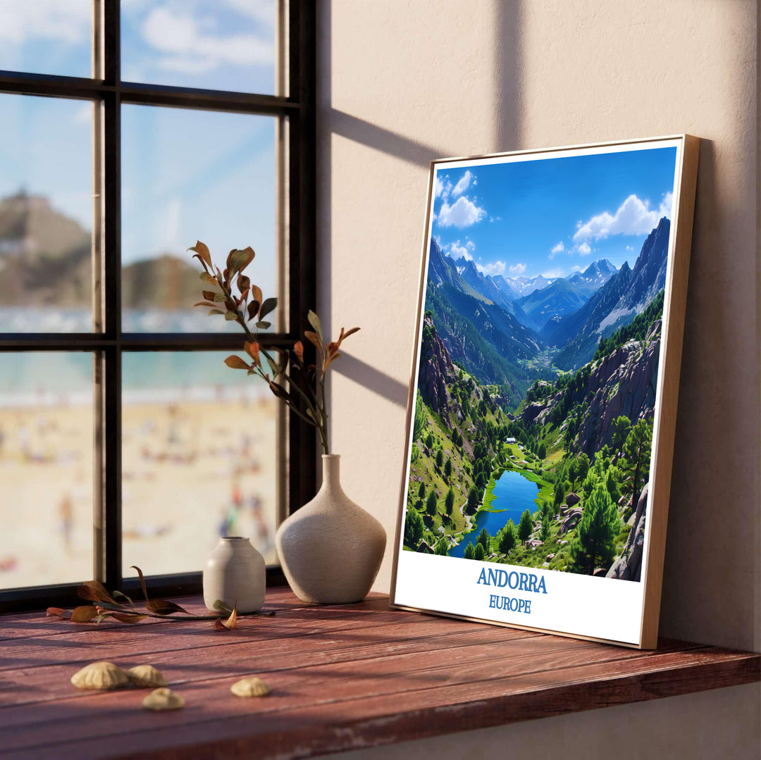 Deep green alpine valleys and bright azure waters at the Valley of Madriu-Perafita-Claror in Andorra highlight this print. Select durable framed, unframed, and canvas poster options at MapYourDreams for home decor.