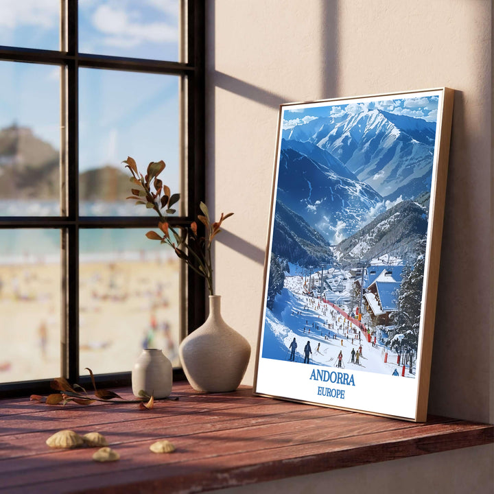 Vibrant winter sports action on the Pyrenean slopes of Vallnord Ski Resort in Andorra highlights this print. Select durable framed, unframed, and canvas poster options at MapYourDreams for office decor.