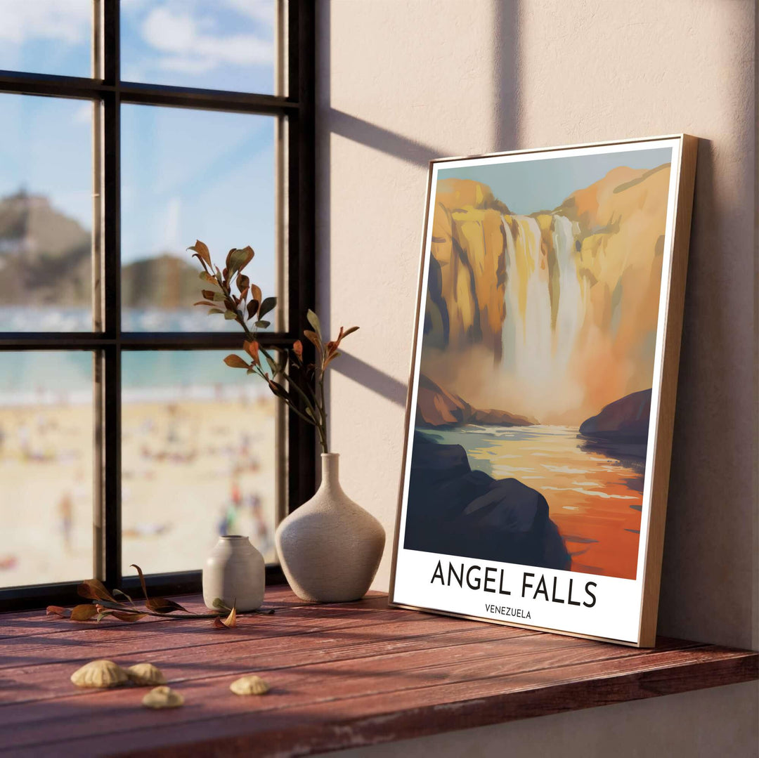 Painterly nature art print illustrating the roaring waters of Angel Falls plunging from sunlit cliffs into a tranquil river below. Produced by MapYourDreams, you can order this design on fine art paper, mounted in protective frames, or as a canvas display.