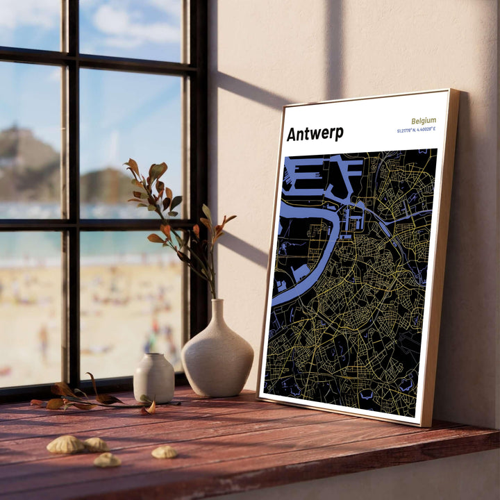 Detailed map wall art showcasing the historic city center and expansive harbor districts of Antwerp, Belgium, styled in dark slate and glowing gold colors. Offered across multiple finish options, including unframed archival poster paper, custom wooden frame selections, and ready-to-hang gallery canvas.