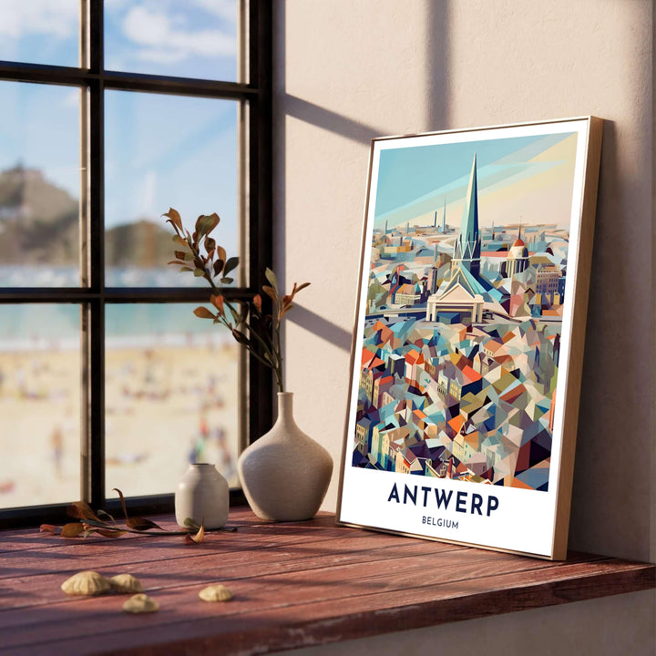 Vibrant architectural wall art capturing the dense rooftops and cathedral tower of Antwerp, Belgium, through a contemporary geometric facet aesthetic. This design comes in multiple finish choices, including unframed archive paper, tailored wooden frames, and gallery canvas wall displays.