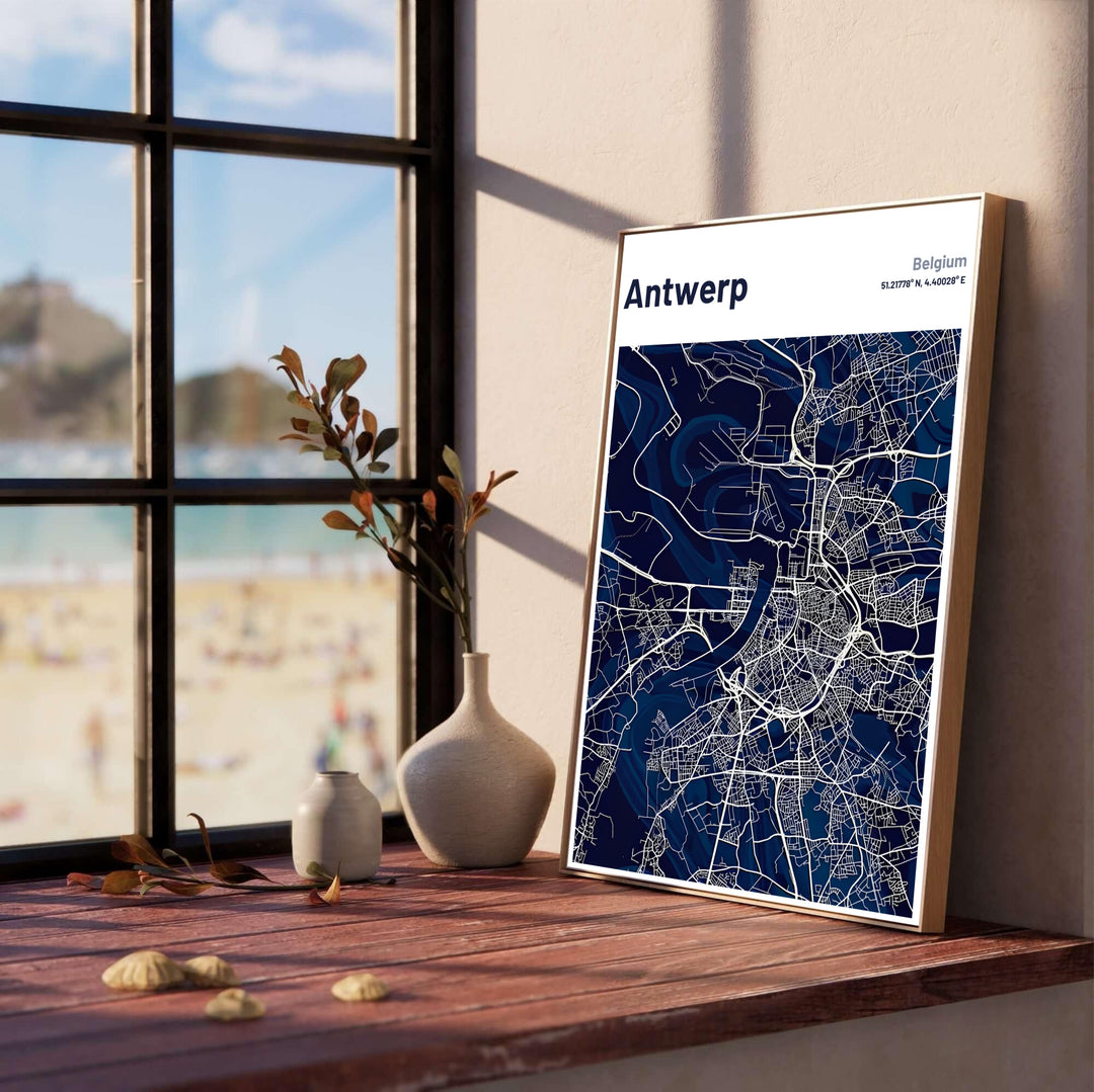 Detailed cartographic wall art showcasing the harbor basins and historic avenues of Antwerp, Belgium, in a sleek navy blue graphic theme. Offered by MapYourDreams, this artwork is available in flexible options including unframed paper, custom wooden frames, and gallery canvas wraps.